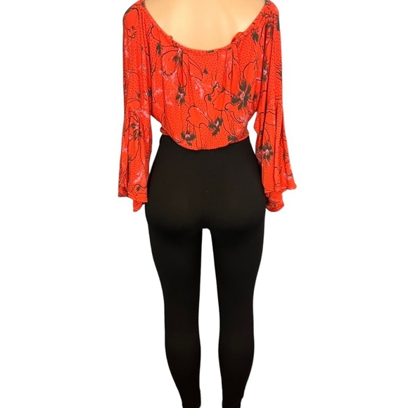 3/$30 🍂 Free People Last Time Orange Print Surplice Bell Sleeve Crop Top - Picture 7 of 8